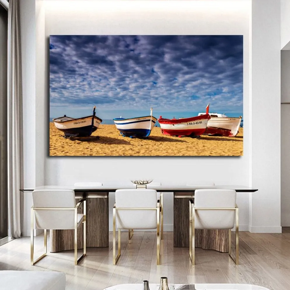 モダンな大規模なランドスケープポスターウォールアートキャンバスペインティングボートビーチピクチャーリビングルームの寝室の装飾のための印刷281c