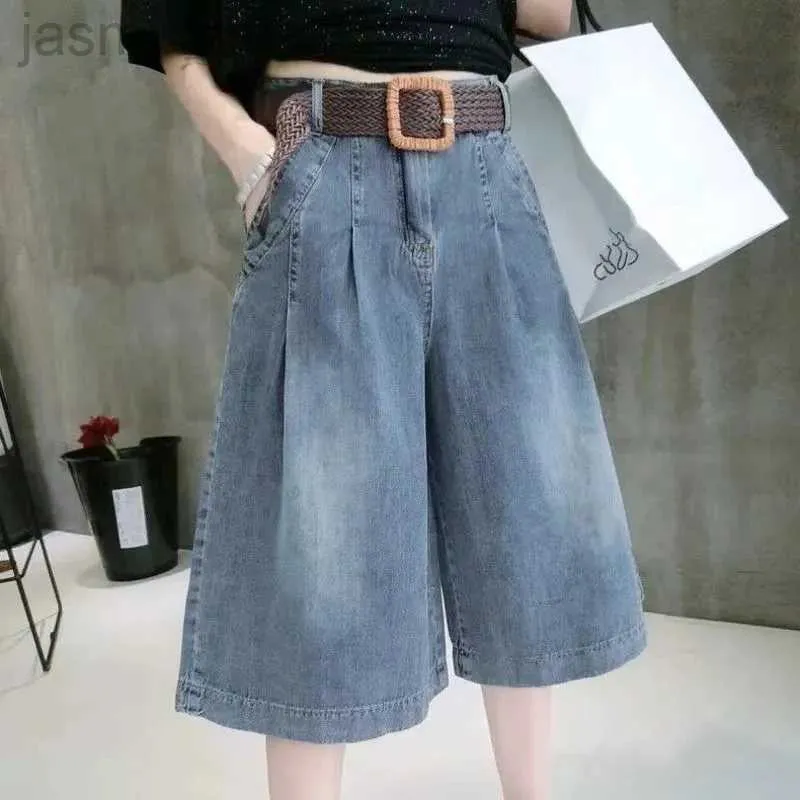 Shorts femininos verão jeans cintura larga perna jeans calças curtas com bolsos azul meio curto jeans ldd240312