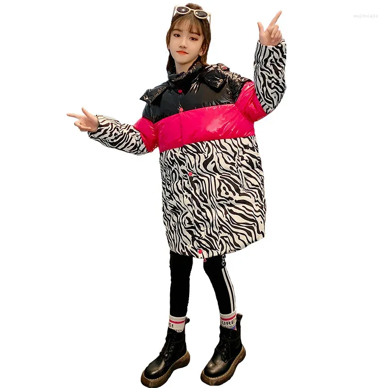 Para baixo casaco meninas roupas casuais retalhos leopardo impressão jaqueta inverno moda snowsuit grosso quente com capuz topo para adolescente 4-14 anos