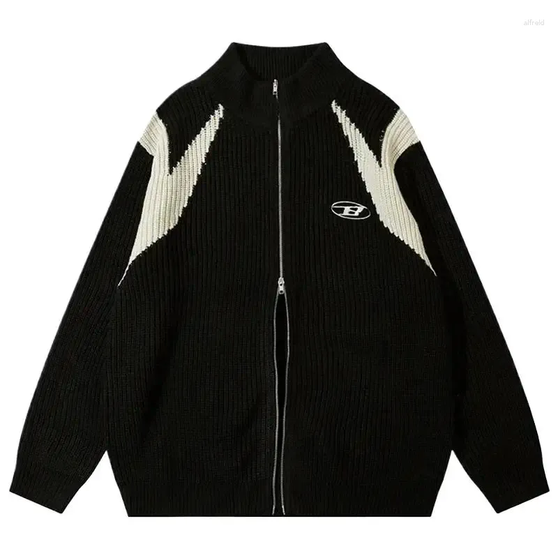 Maglioni da uomo Cardigan con doppia cerniera Maglione Uomo Donna Retro Maglioni lavorati a maglia larghi Autunno Streetwear Harajuku Street Giacca a blocchi di colore