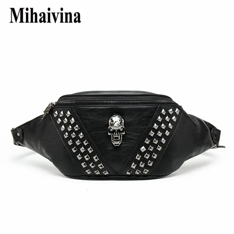 Mihaivina Punk Rivet Skull Men midja väska kvinnor svart fanny pack läder bröstväskor kvinnlig axel messenger bum 240308