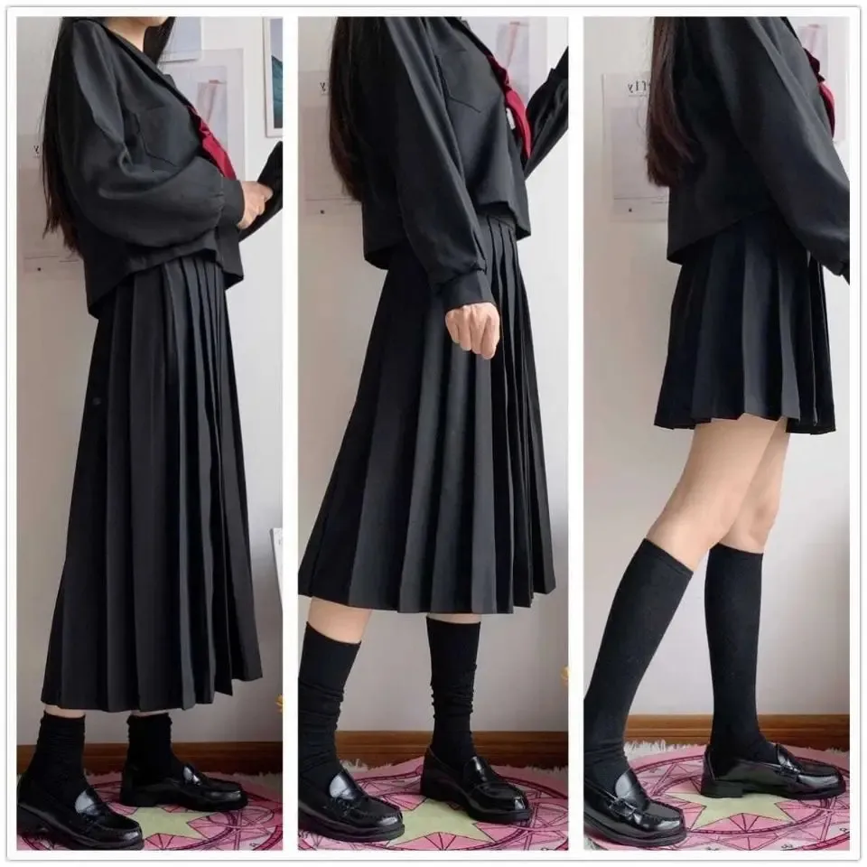 School Girls Student Uniform Black Pleated Skirts Elastic Waist Japanese Style Women Cosplay Ctme Base Preppy 240301