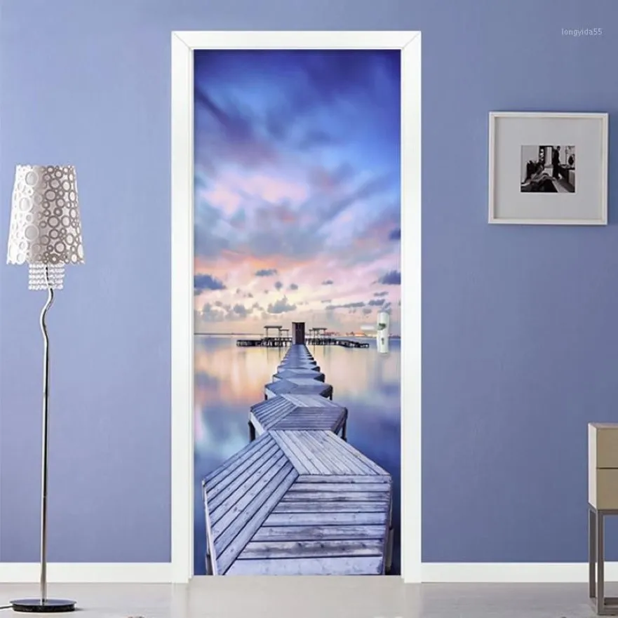 Moderno 3D Cielo Blu Vista Mare Ponte di Legno Porta Adesivo Soggiorno Camera da letto Creativo Po Murale Carta da parati impermeabile 3D12084