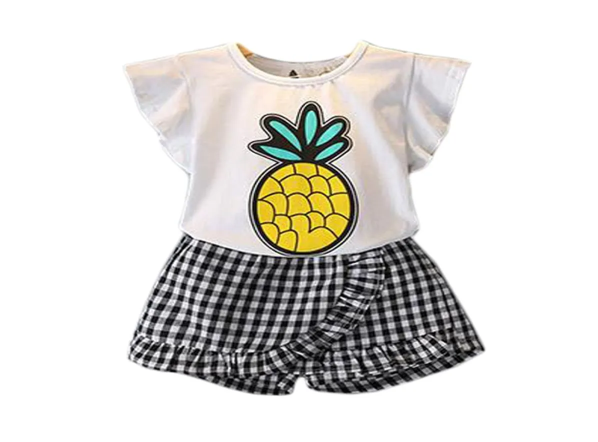 Summer Girls Clothes 2019 New Casual Kids Costume For Toddler Girls Cartoon Pineapple Shirts Plaid Shorts Children Clothing Set6638020