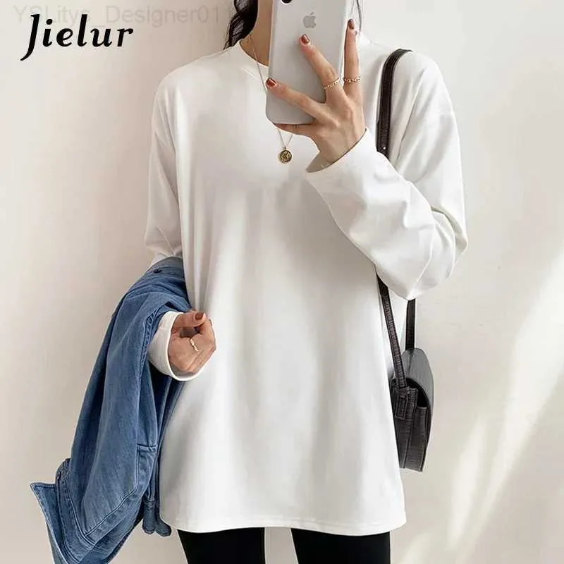 Kvinnors t-shirt Jielur Loose Split Long Sle T-skjortor Kvinnor BASIC O-Neck Autumn Tee Shirt Damer Solid Color Fe T-Shirt White Top S-XL L24312