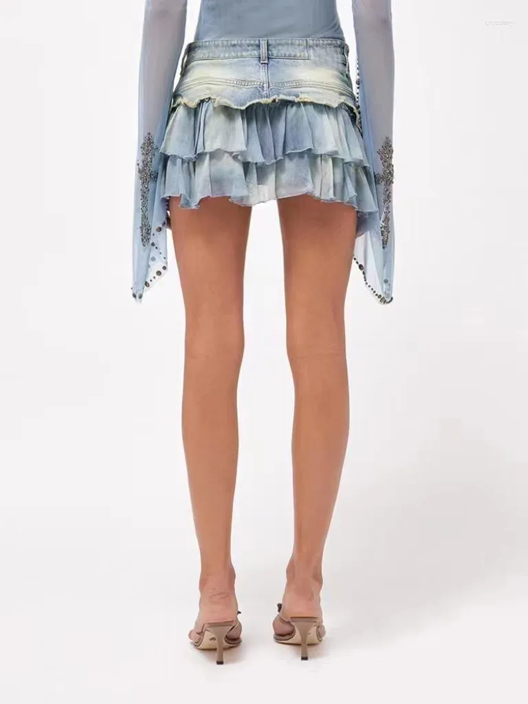 Women's Jeans Brand Design Chiffon Ruffle Edge Spliced Old Fur Denim Short Skirt Spicy Girl Half