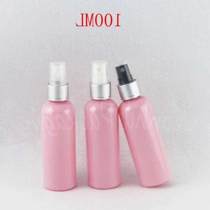 100 ml rosa Plastikflasche mit silberner Sprühpumpe, 100 CC Make-up-Unterabfüllung, kosmetische Wasserverpackungsflasche (50 Stück/Lot) Ecntm