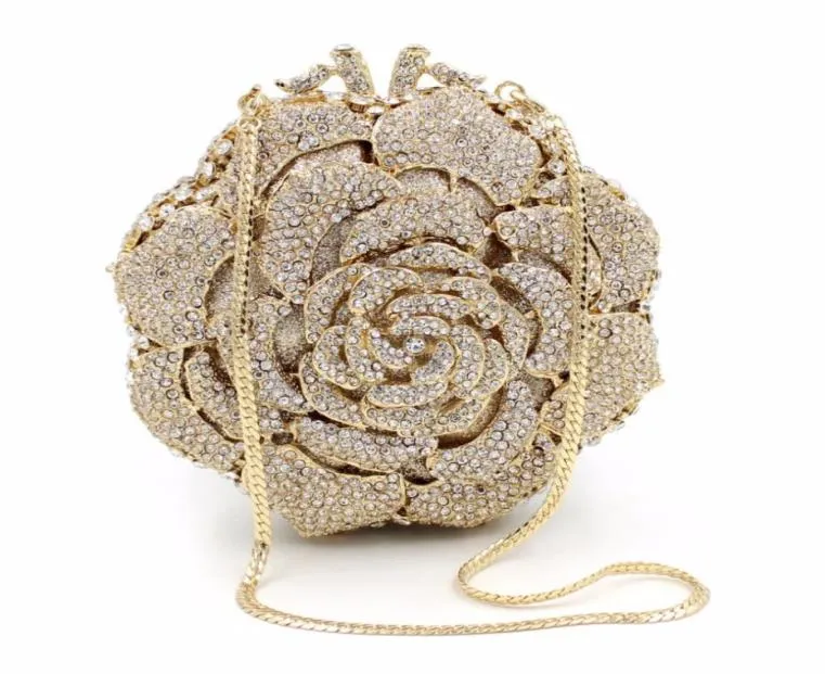 DesignerLuxury Crystal Clutch Avondtasje Gouden Roos Bloem Party Purse Vrouwen Bruiloft Bruids Handtas Pouch Soiree Pochette Tas7231211