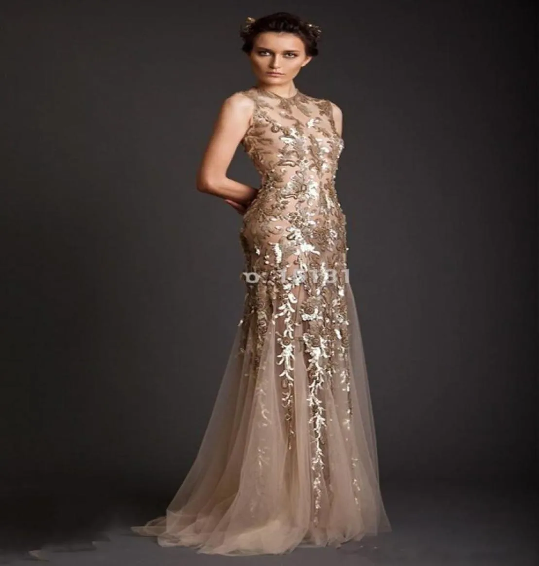 2019 Krikor Jabotian Neuankömmling Abendkleider Sexy Meerjungfrau Sheer Crew Gold Applikation Abendkleider Tüll Ballkleider5639574