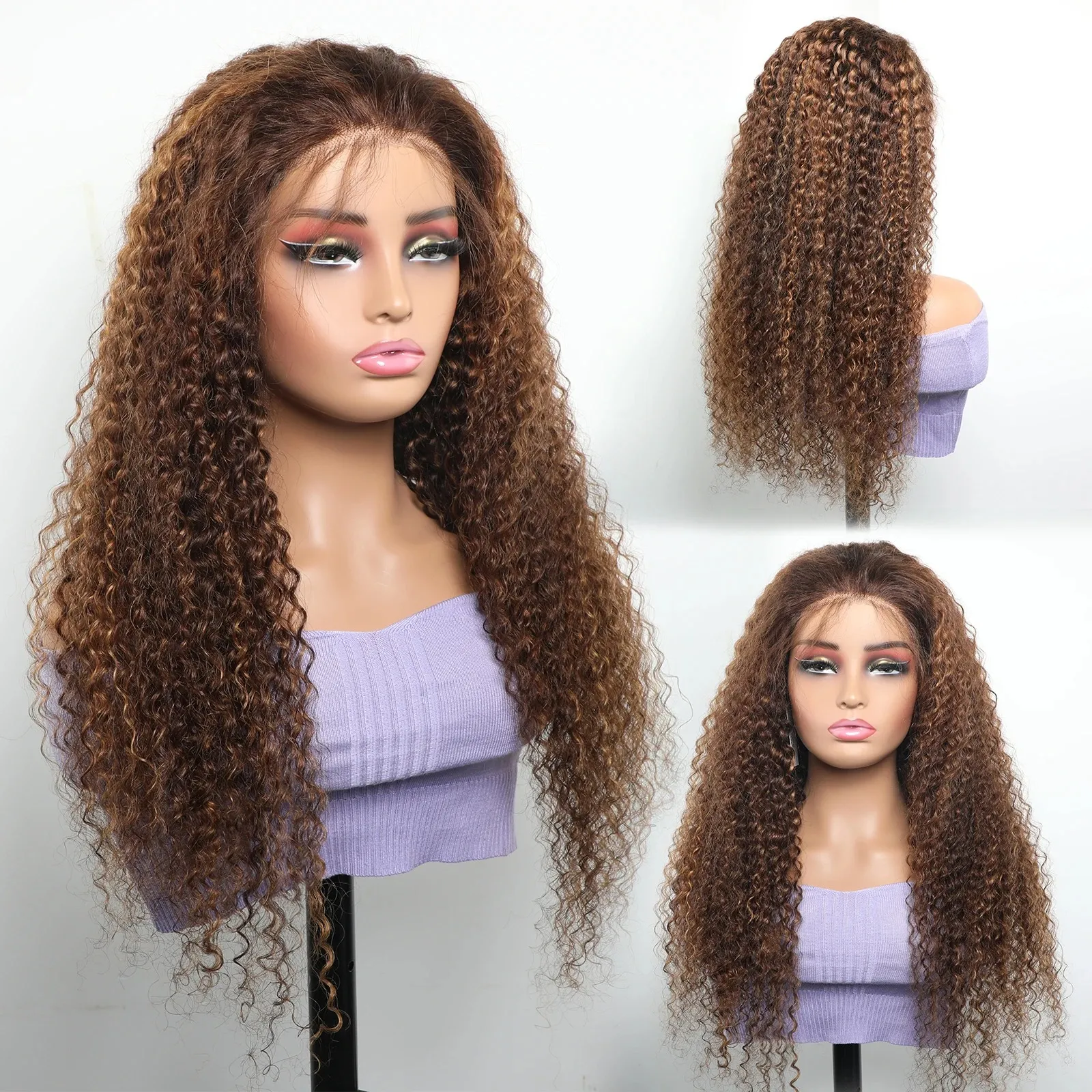 Babyhår Glueless Wig Human Hair 26 Inch Curly 5x5 Spetsstängning Wig P4/30 180% Densitet HD Transparent spetsfront peruk för Wome