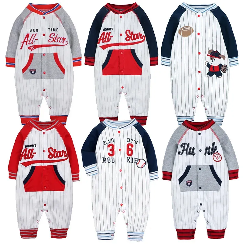 Urodzony ubrania dla niemowląt bawełniany piżama baseballowy styl sportowy z kieszonkowym kombinezonami z długim rękawem Toddler Baby Girl Rompers 240304