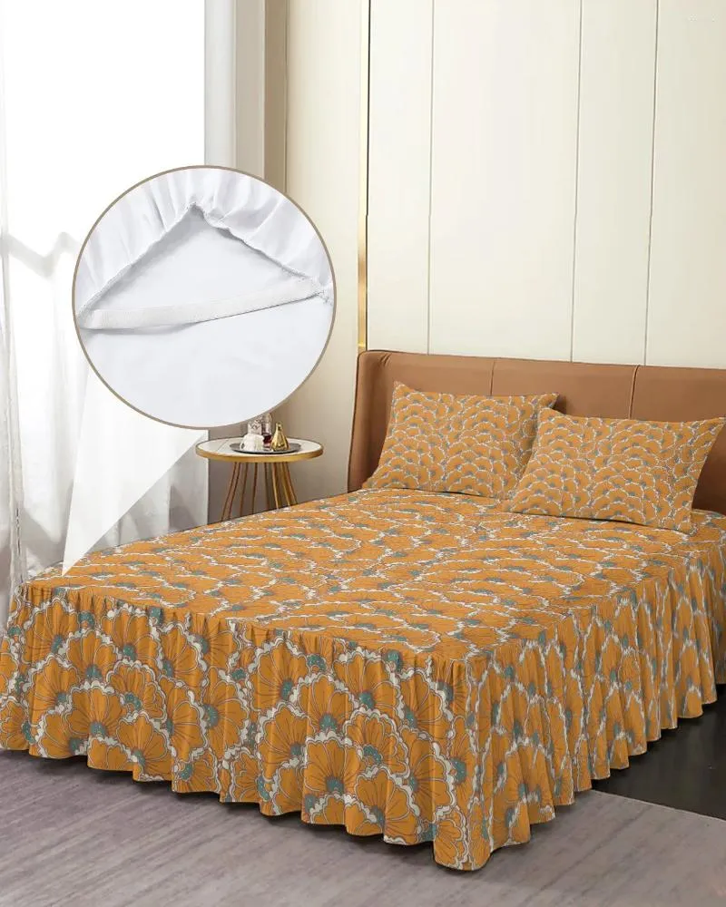 Gonna letto Trama arancione Fiore Pianta Copriletto elasticizzato con federe Coprimaterasso Set lenzuolo