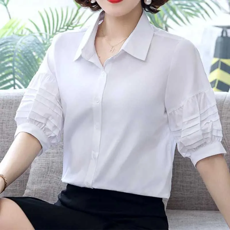 Damesblouses Shirts 100% Katoen Lantaarn Sles Vintage Witte Damesblouse Zomer Korte Slee Kant Patchwork Shirts Koreaanse stijl Effen Kleur TopL24312