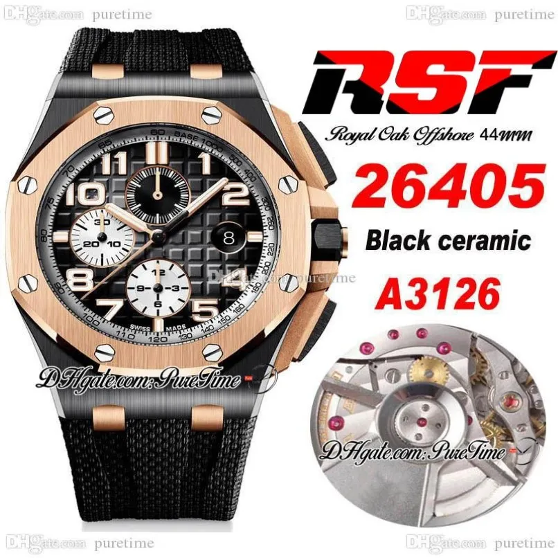 RSF 44mm A3126 Automatische chronograaf Heren Bekijk tweekleurige 18k roségouden rand Zwarte keramische kas getextureerd wijzerplaatmarkers Rubbe240T