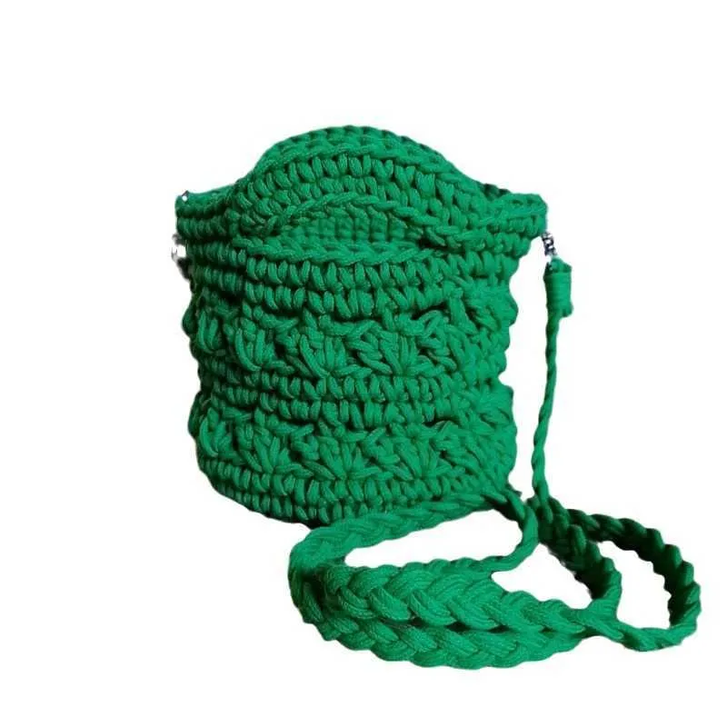 New Summer Fresh Single Shoulder Oblique Cross Hollow Handheld Woven Grass Bag Cotton Rope Hook Needle Mini 240312