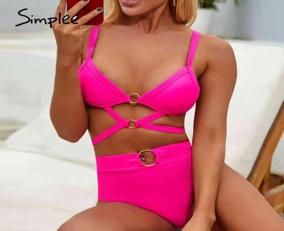 Triangelbaddräkt Sexig ringbikini Set Hög midja Badkläder Kvinnor Summer Bathers Neon Pink Swimsuit Female Biquini 2104141136517