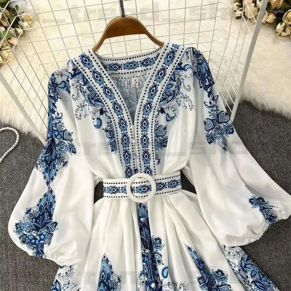 Casual Dresses Women Bohemian Dress 2024 Spring Summer Print Long Lantern Sleeve V Neck Corset Slim Button Pleated Vacation 374