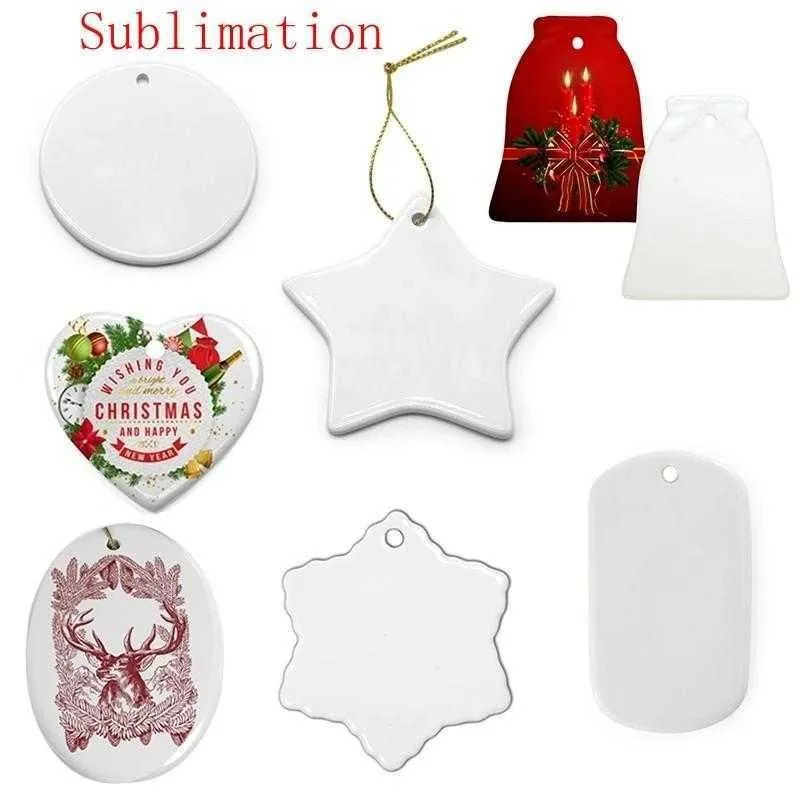 US Stock Sublimation Blank Ceramic Pendant Creative Christmas Ornaments Heat Transfer Printing DIY Ceramic Ornament 9 Styles Accept Mixed