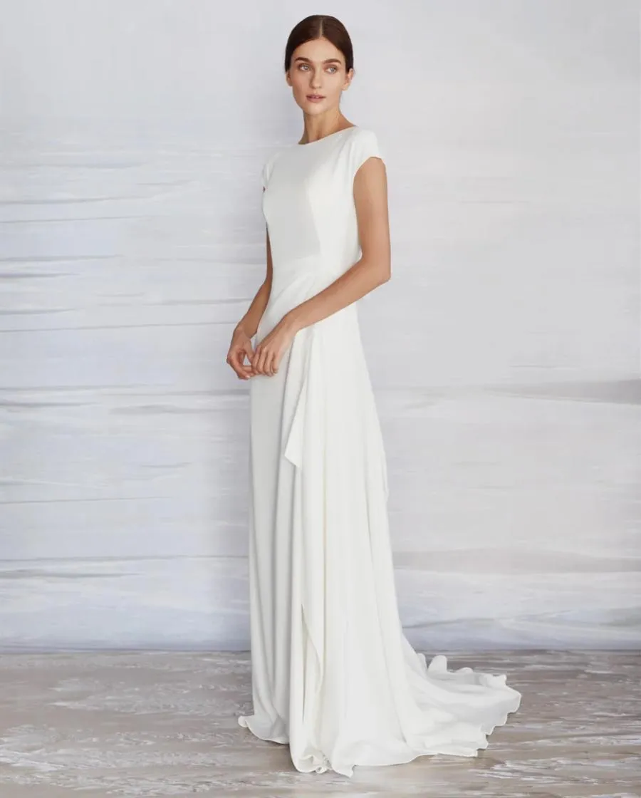 Semplice abito da sposa in crêpe Aline modesto con maniche ad aletta collo alto Sweep Train donna informale Boho Beach abiti da sposa abito da sposa 5605456