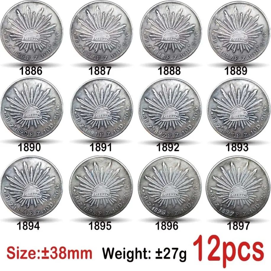 12pcs 멕시코 동전 1886-1897 복사 동전 27G Eagle Coins Collectible 266g