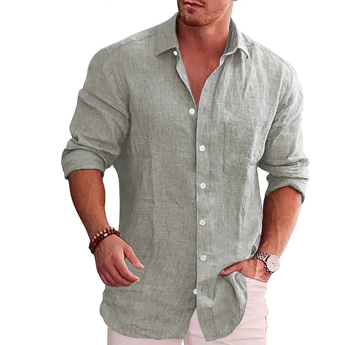 Casual Männer Bluse Sommer Frühling Drehen Unten Kragen Lange Laterne Hülse Taste Büro Business Leinen Hemd Tops Übergroßen S-5XL 240301