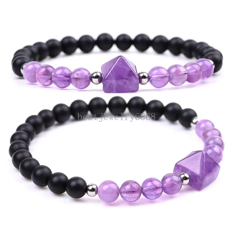 6mm Natural Stones Beaded Strands Faceted Pyramid Charms Bracelets Fashion Amethyst Clear Pink Quartz Sapphire Tiger Eye Bracelet Men Women Beads Jewelry Gifts