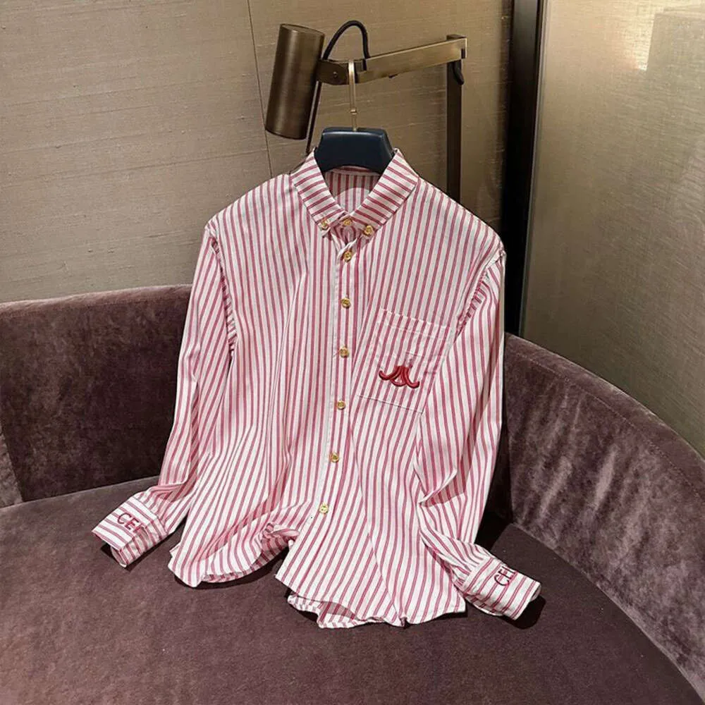 dames shirt designer shirts lente mode borduren grafisch roze gestreept shirt met lange mouwen revers damesjas top