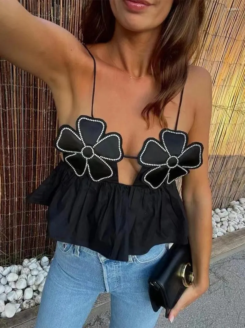 Damen-Tanks, 3D-Blumen-Crop-Cami-Top, Y2K-Spaghetti-Träger, ärmellose Camisoles, Sommer, rückenfrei, Camis zum Ausgehen, Streetwear