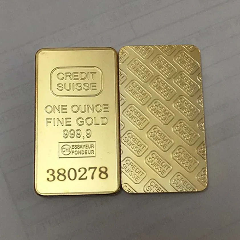 10 st icke -magnetiska kredit Swiss Bullion Bar 1 oz Real Gold Plated Ingot Badge 50 mm x 28 mm mynt med olika serienummer 20236U