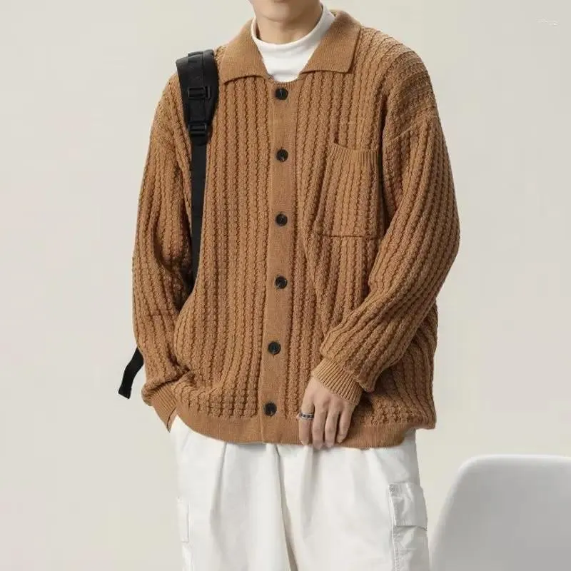 남자 스웨터 빈티지 남성 남자 니트 가디건 가을 패션 단색 니트 재킷 긴 슬리브 가슴 칼라 스웨터 코트