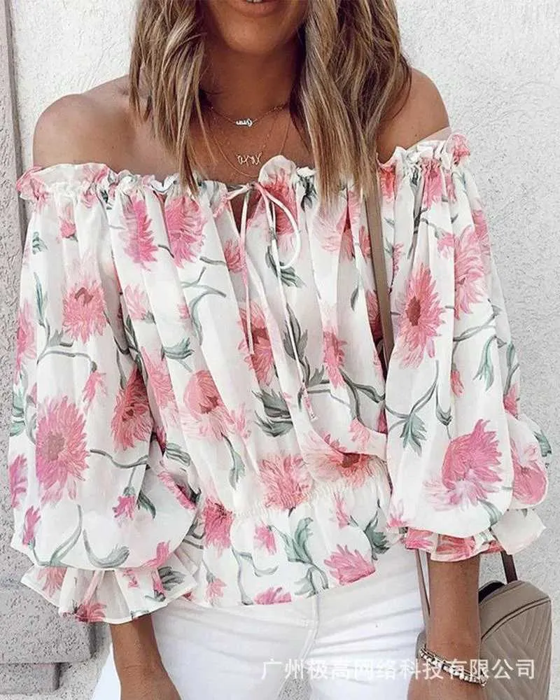 Damesblouses Shirts Off-shoulder Bloemenprint Lantaarn Sle Top Dames Lente Zomer Nieuwe Sexy Losse Strapless Bloemblouse TopsL24312