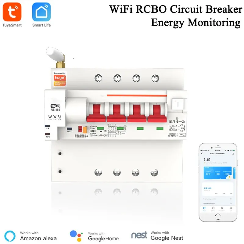 Tuya Smart Life App RCBO Circuit Breaker med kraftövervakning 4P WiFi MCB Läckagesström Kort skydd Alexa 240228