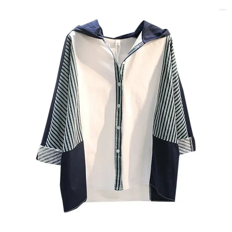 Blouses Femmes Été 2024 Mode Splicing Stripe À Capuche Femmes Chemise Lâche Asymétrique Manches Longues Protection Solaire Vêtements Femme Manteau