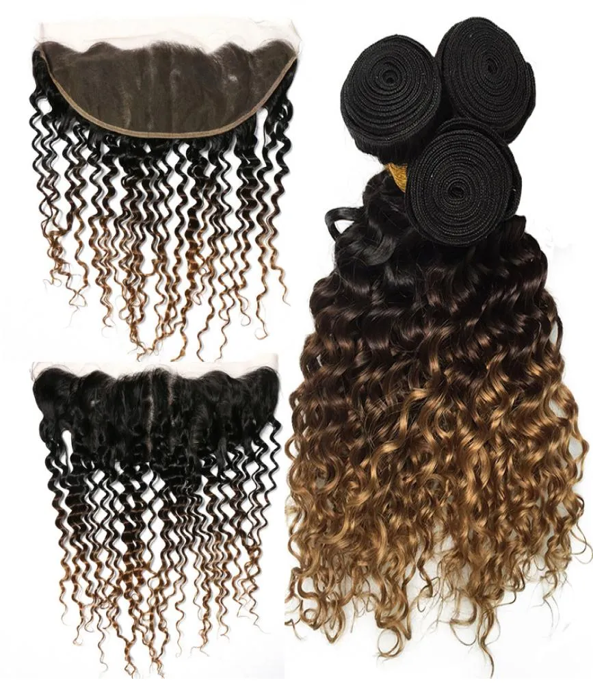 Tissage en lot brésilien Remy naturel Deep Wave ombré, avec Lace Frontal 134, d'une oreille à l'autre, 100 cheveux humains, 1b427, couleur 6935108