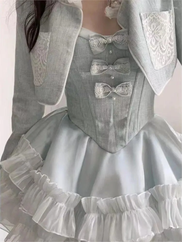 Arbeit Kleider Sommer Prinzessin Anzug Weibliche 2024 Frühling Kurze Jacke Tutu Kleid 2 Stück Set Süße Sanfte Temperament Zwei-stück Kuchen