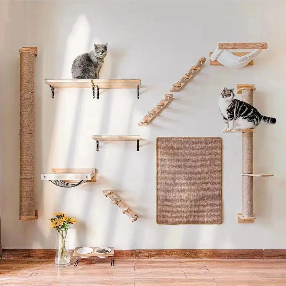 Étagères d'escalade murales pour chat, hamac mural, poteau à gratter, étagères d'escalier en bois avec échelle en corde de sisal, arbre à chat mural 240227