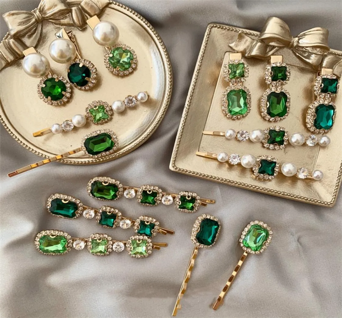 3 Renk Kore Vintage Zümrüt Saç Pimleri Geometrik Rhinestones Saç Klipsi Kadınlar için Saç Aksesuarları Barrette JJ1733422655