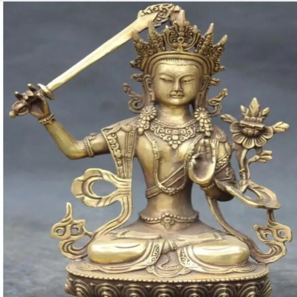 WBY --- 607 9 Kinesisk buddhism Bronze Carving Manjushri Buddha Goddess Hold Sword Statue2705