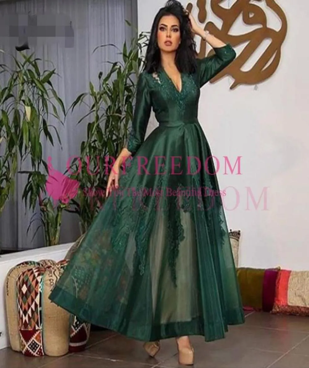 2020 Arabic Emerald Green Lace Evening Dresses Full Sleeves Appliques Ankle Length Elegant Prom Gowns Party Dress7655722