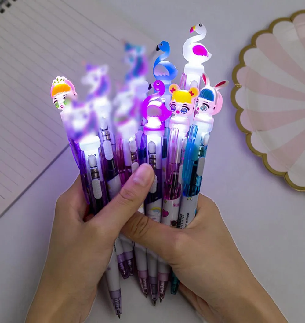 05 мм шариковая ручка с рисунком единорога, кукурузы, фламинго для девочек, милые светящиеся шариковые ручки для детей, светодиодная подсветка, офисная школа, Writin7891875