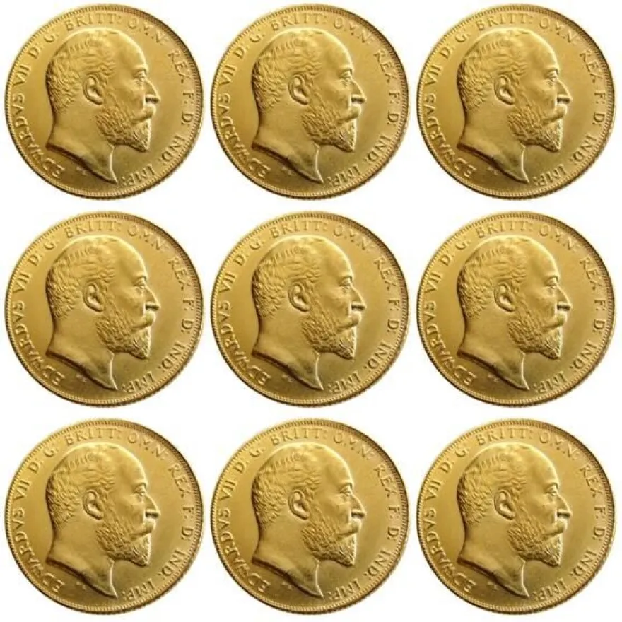 Wielka Brytania Rzadka cała 1902-1910 9pcs British Moneta King Edward VII 1 Suweren Matt 24-K złote kopie monety 314x