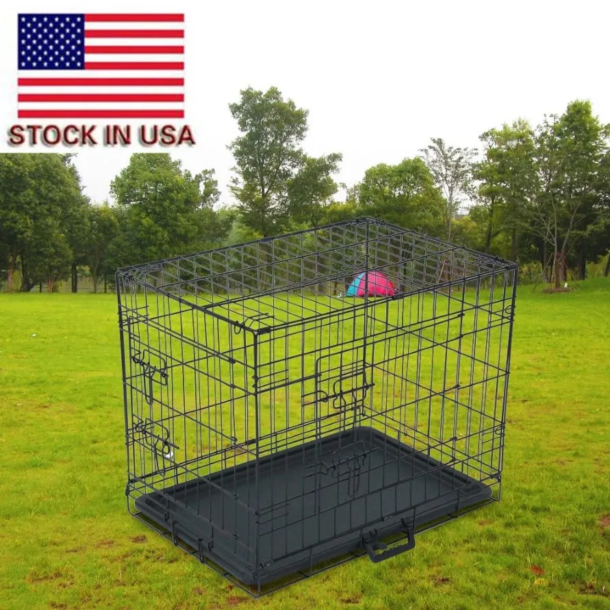 firm metal folding wire carrier cage for pets double door cat dog with divider and plastic tray black PTCG01-242293