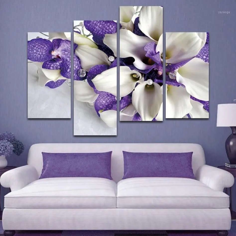Resimler conisi baskı 4 paneller purplewhite iris üzerinde tuval poster nordic çiçek duvarı sanat boyama ev dekoru için ev dekoru dekorati224i