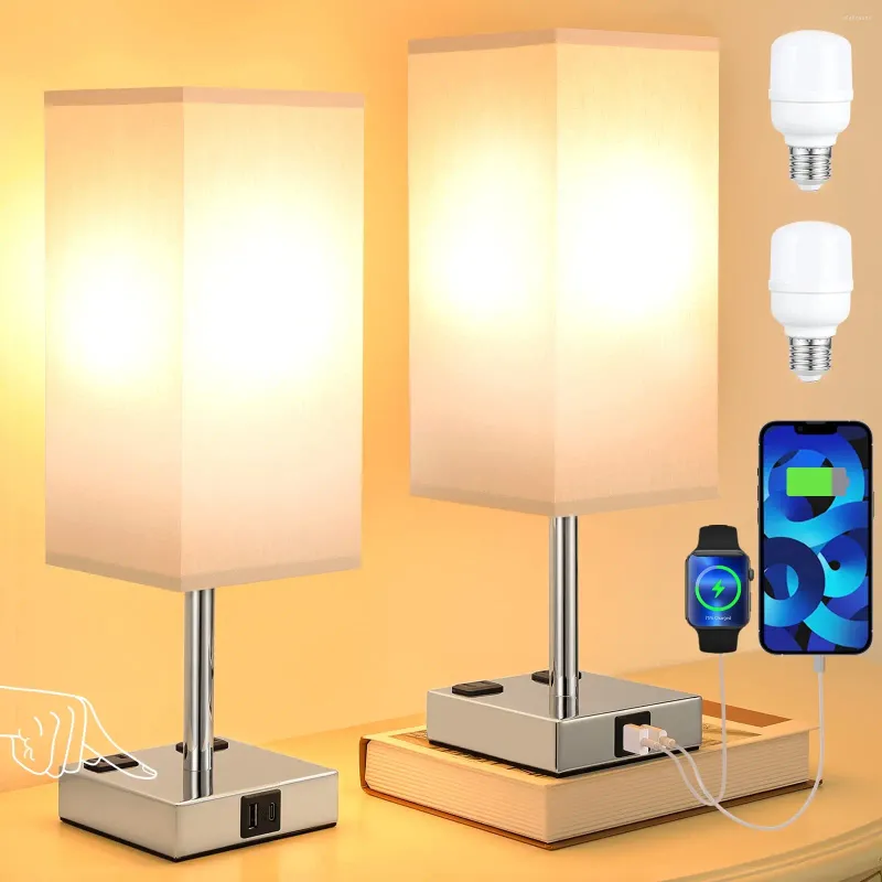 Lampes de table Lampe de chevet tactile à intensité variable avec ports de charge USB Prise secteur Lumière rechargeable pour la lecture de la chambre à coucher