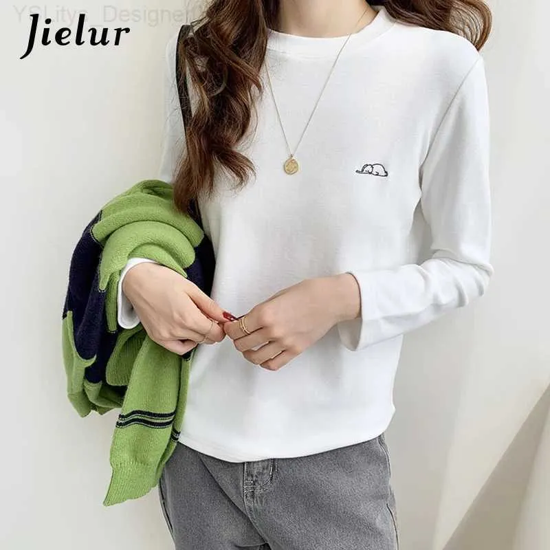 T-shirt Femme Jielur Kaki T-shirt de dessin animé brodé Femmes Vert Casual Cute Girls Tee-shirt Blanc Simple Long-Sled Tops Fe S-XL L24312