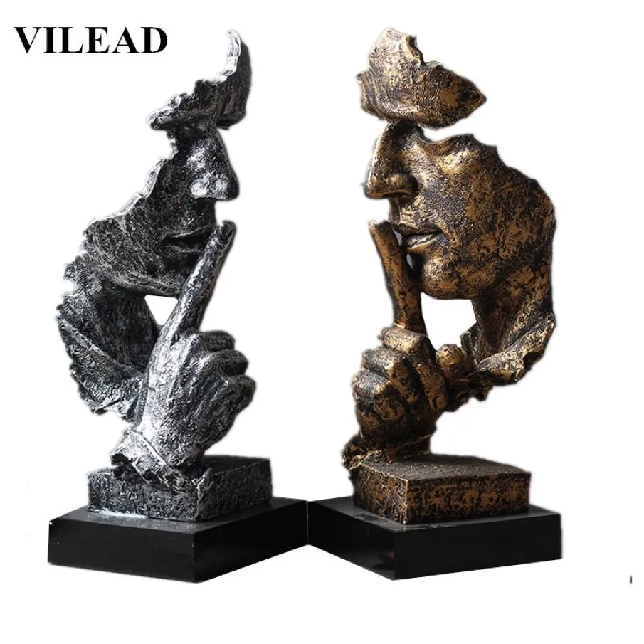 VILEAD 32 cm Resina Il silenzio è maschera d'oro Statua Ornamenti astratti Statuette Maschera Scultura artigianale per ufficio Decorazioni per la casa vintage T20270w