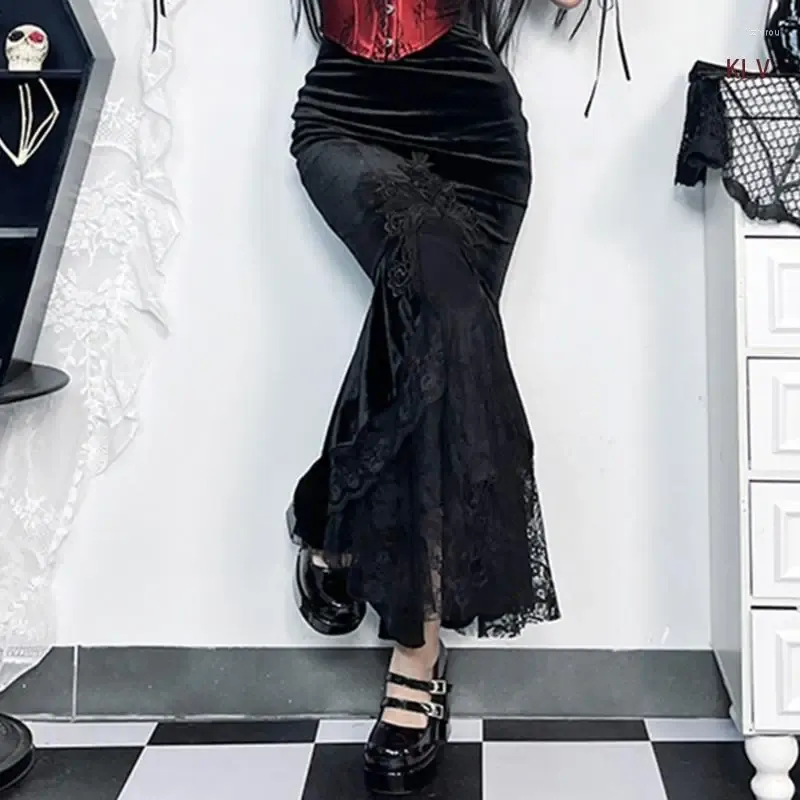 Kjolar gotiska punk kjol hög midja spets lapptäcke bodycon maxi för kvinnor flickor sexiga harjuku långa gåvor