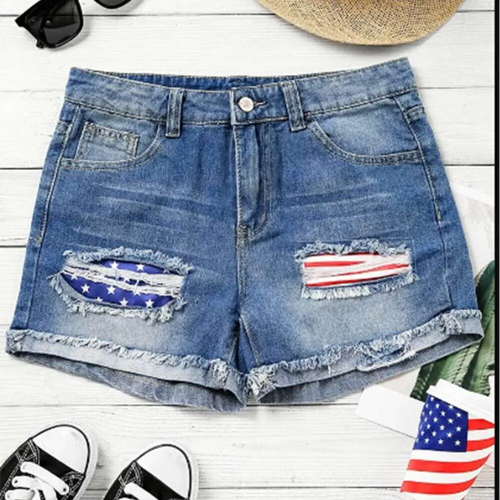 2024 New National Flag Flapped Hole Denim Sexy Womens Summer Straight Leg Denim Shorts for Women LGBR