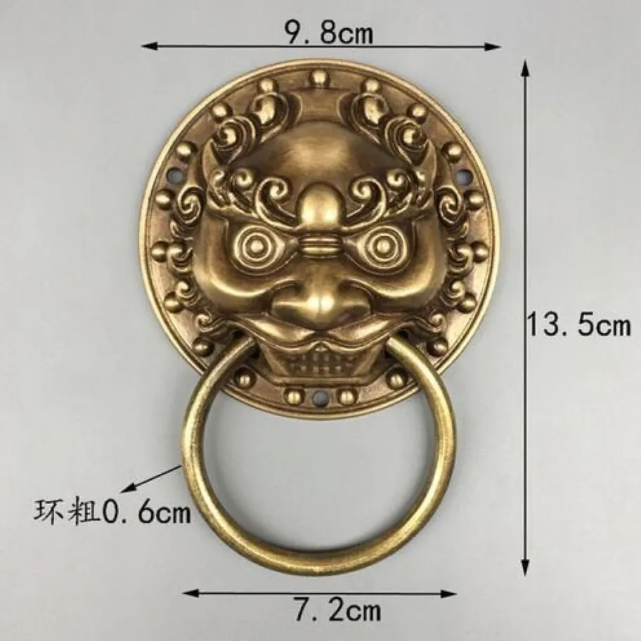 Chinês Folk Feng Shui Antigo Bronze Cobre Foo Fu Dog Lion Head Door Knocker2411