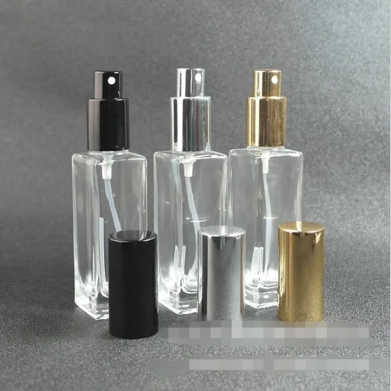 30 ml tomt klart glas parfym sprayflaska 1 oz påfyllningsbar fyrkantig atomizer med svart guld svart pump cap thgej cgaox